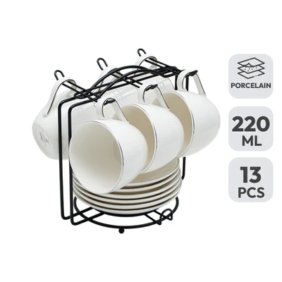 Gambar Appetite Luddy Cangkir & Saucer Porcelain Dengan Rak 220 ml Set 13 pcs - Putih