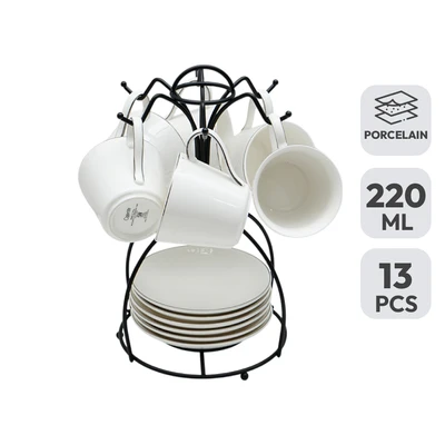 Gambar Appetite Lynn Cangkir & Saucer Porcelain Dengan Rak 220 ml Set 13 pcs - Putih