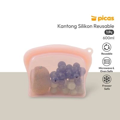 Gambar Picas Kantong Wadah Makanan Reusable Silikon 600 ml - Pink