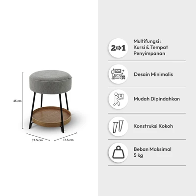 Gambar Informa Fred Bangku Ottoman Fabric Round - Abu-Abu