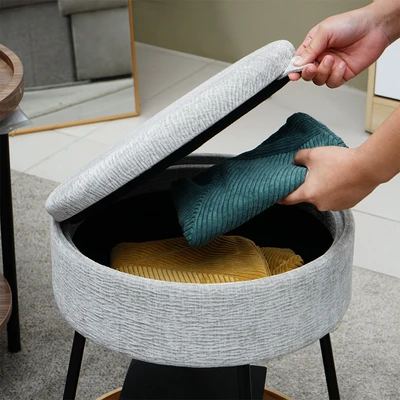 Gambar Informa Fred Bangku Ottoman Fabric Round - Abu-Abu