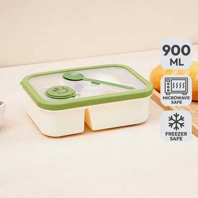 Gambar Picas Smiley Kotak Makan 2 Sekat Dengan Wadah Saus 900 ml - Hijau