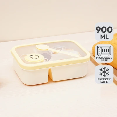 Gambar Picas Smiley Kotak Makan 2 Sekat Dengan Wadah Saus 900 ml - Kuning