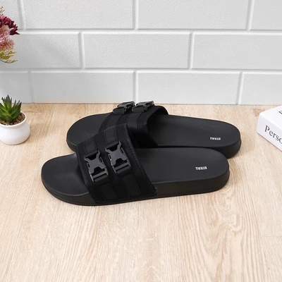 Gambar Ataru Ukuran 42 Sandal Pria Slides Double Buckle Strap - Hitam