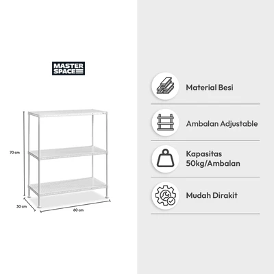 Gambar Masterspace Rak Besi 3 Tingkat Perforated 60x30x70 cm - Putih