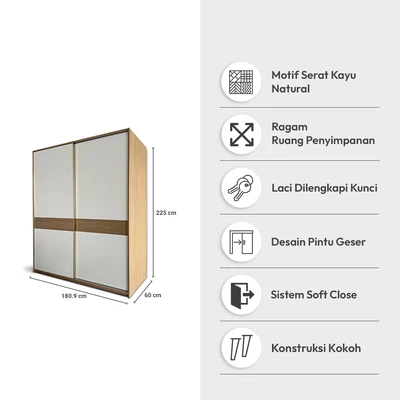 Gambar Informa Colton Lemari Pakaian 2 Pintu Geser Wood - Putih/Cokelat