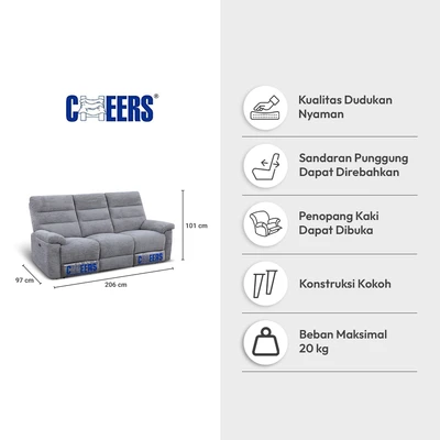 Gambar Cheers Modena Sofa Recliner Fabric 3 Seater - Abu-Abu