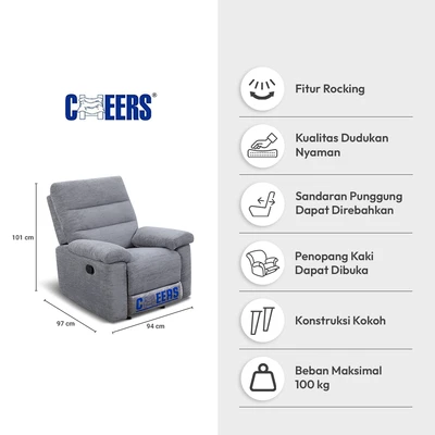 Gambar Cheers Modena Sofa Recliner Rocking Fabric 1 Seater - Abu-Abu