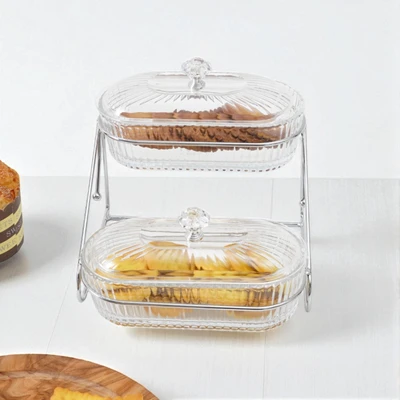 Gambar Culinart Lensa Mangkuk Saji Kaca Dengan Rak & Tutup Set 2 pcs Transparan