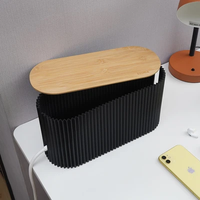 Gambar Stora Kotak Organizer Kabel Dengan Tutup Bambu - Hitam