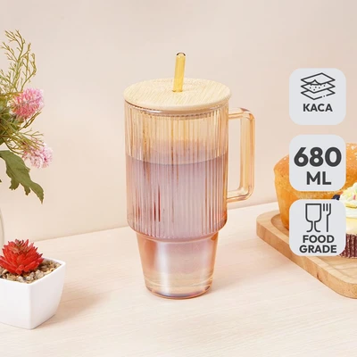Gambar Culinart Mug Kaca Dengan Tutup & Sedotan 680 ml - Peach