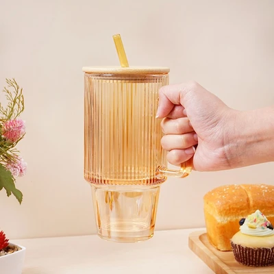 Gambar Culinart Mug Kaca Dengan Tutup & Sedotan 680 ml - Peach