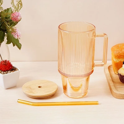 Gambar Culinart Mug Kaca Dengan Tutup & Sedotan 680 ml - Peach