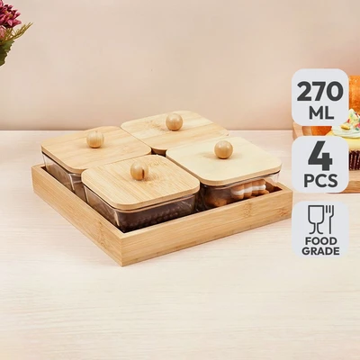 Gambar Culinart Stoples Kaca Camilan Dengan Nampan Square 270 ml Set 4 pcs - Cokelat