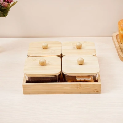 Gambar Culinart Stoples Kaca Camilan Dengan Nampan Square 270 ml Set 4 pcs - Cokelat