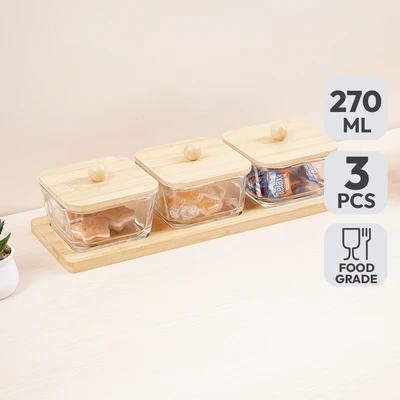 Gambar Culinart Stoples Kaca Dengan Nampan Square 270 ml Set 3 pcs - Cokelat