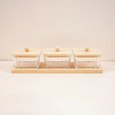 Gambar Culinart Stoples Kaca Dengan Nampan Square 270 ml Set 3 pcs - Cokelat