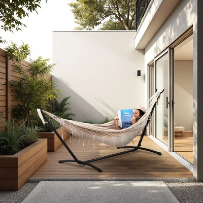 Gambar Soleil Hammock Bed Dengan Tassels - Biru Navy/Putih