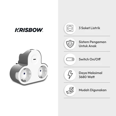 Gambar Krisbow Stop Kontak 2 Soket Dengan Switch - Abu-Abu/Putih
