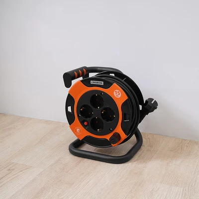 Gambar Krisbow Kabel Roll Mini Drum 4 Soket 15 Meter - Hitam/Oranye