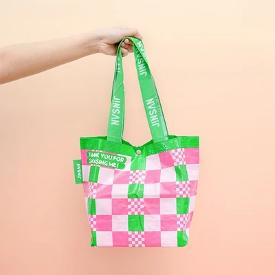 Gambar Ataru Tas Belanja Checkered Small - Pink/Hijau