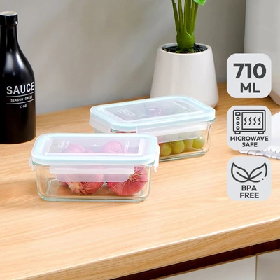Gambar Glasslock Basic Wadah Makanan Kaca Rectangle 710 ml Set 2 pcs - Biru