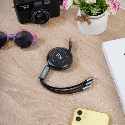 Gambar Ataru Kabel Charger Retractable 3-in-1 1 Meter 120 Watt - Hitam
