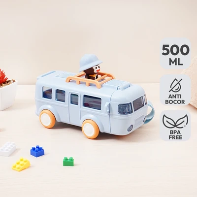 Gambar Picas Botol Minum Anak Plastik Dengan Sedotan & Strap Monk Bus 500 ml - Biru