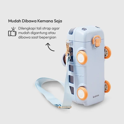 Gambar Picas Botol Minum Anak Plastik Dengan Sedotan & Strap Monk Bus 500 ml - Biru