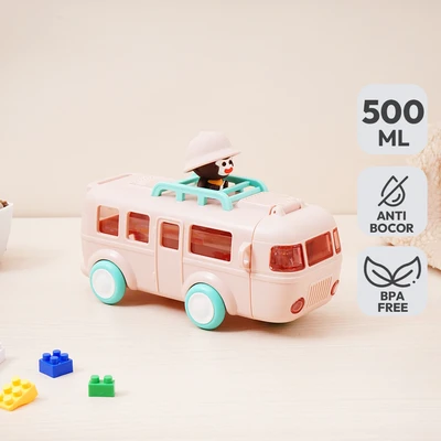 Gambar Picas Botol Minum Anak Plastik Dengan Sedotan & Strap Monk Bus 500 ml - Pink