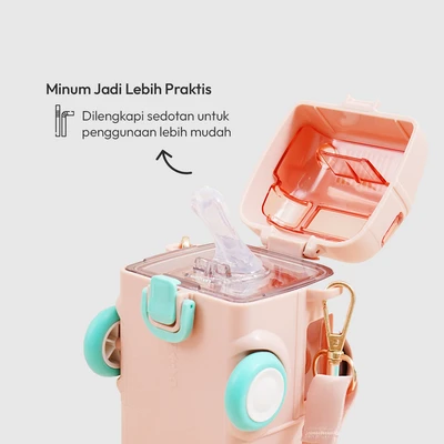 Gambar Picas Botol Minum Anak Plastik Dengan Sedotan & Strap Monk Bus 500 ml - Pink
