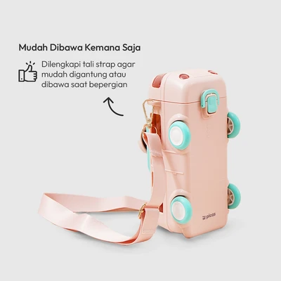 Gambar Picas Botol Minum Anak Plastik Dengan Sedotan & Strap Monk Bus 500 ml - Pink