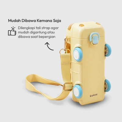 Gambar Picas Botol Minum Anak Plastik Dengan Sedotan & Strap Monk Bus 500 ml - Kuning