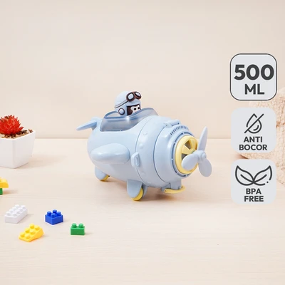 Gambar Picas Botol Minum Anak Plastik Dengan Sedotan & Strap Airplane 500 ml - Biru