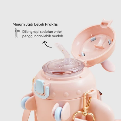 Gambar Picas Botol Minum Anak Plastik Dengan Sedotan & Strap Airplane 500 ml - Pink
