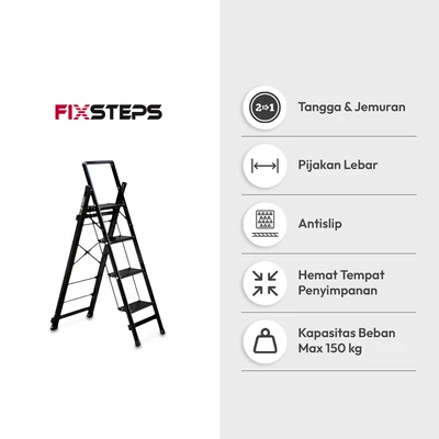 Gambar Fixsteps 1.5 Mtr Tangga Lipat 4 Step Dengan Jemuran Baju - Hitam