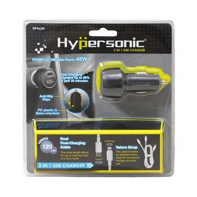 Gambar Hypersonic Charger Mobil USB 2 In 1 - Hitam
