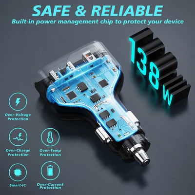 Gambar Otto Klasse Charger Mobil 1 USB  & 2 Type C Hub 138 Watt - Hitam