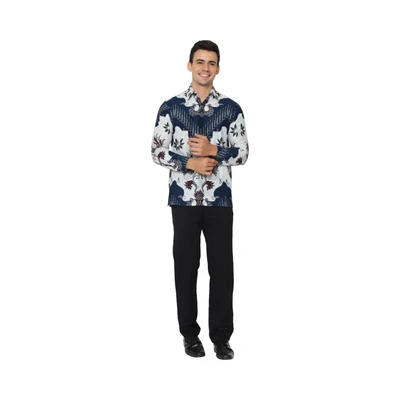 Gambar Hadinata Ukuran S Kemeja Batik Pria Lengan Panjang Mathew - Putih/Navy