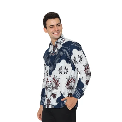 Gambar Hadinata Ukuran S Kemeja Batik Pria Lengan Panjang Mathew - Putih/Navy