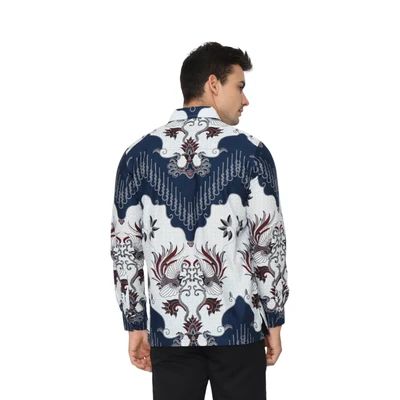 Gambar Hadinata Ukuran S Kemeja Batik Pria Lengan Panjang Mathew - Putih/Navy