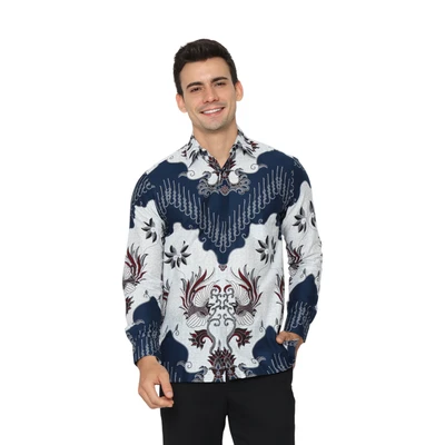 Gambar Hadinata Ukuran XXL Kemeja Batik Pria Lengan Panjang Mathew - Putih/Navy