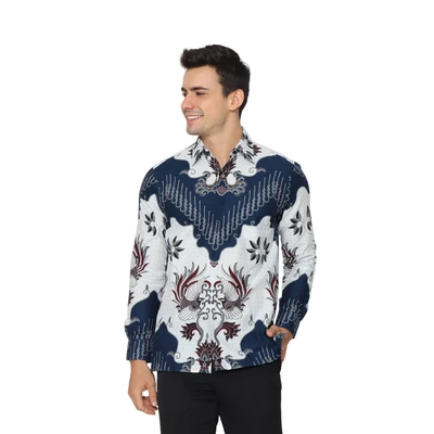 Gambar Hadinata Ukuran XXL Kemeja Batik Pria Lengan Panjang Mathew - Putih/Navy