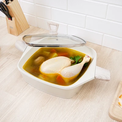 Gambar Culinart Shallow Eyesi Panci Casserole Square Ceramic Marble Coating 28 cm - Krem
