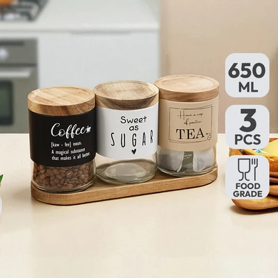 Gambar Informa Heidy Stoples Kaca Dengan Nampan 650 ml Set 3 pcs - Cokelat