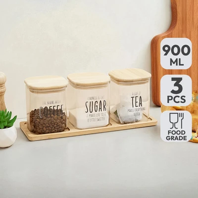 Gambar Informa Havyn Stoples Kaca Dengan Nampan 900 ml Set 3 pcs - Cokelat