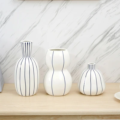 Gambar Informa Copenhagen Vas Bunga Keramik 13.2x13.2x23 cm Set 3 Pcs - Putih/Biru