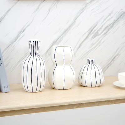Gambar Informa Copenhagen Vas Bunga Keramik 13.2x13.2x23 cm Set 3 Pcs - Putih/Biru