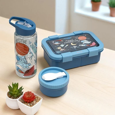 Gambar Picas Kiddy Kotak Makan 3 Sekat Astro Set 4 pcs - Biru