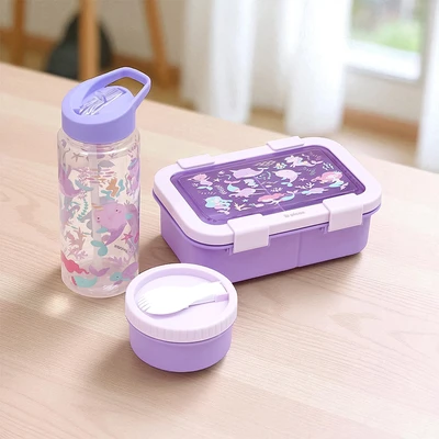 Gambar Picas Kiddy Kotak Makan 3 Sekat Mermaid Set 4 pcs - Ungu